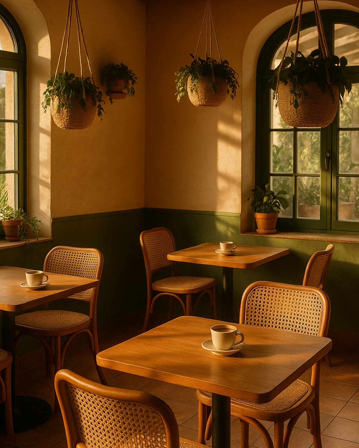 The Patio dining room at golden hour — warm wood, olive tones, and soft window light