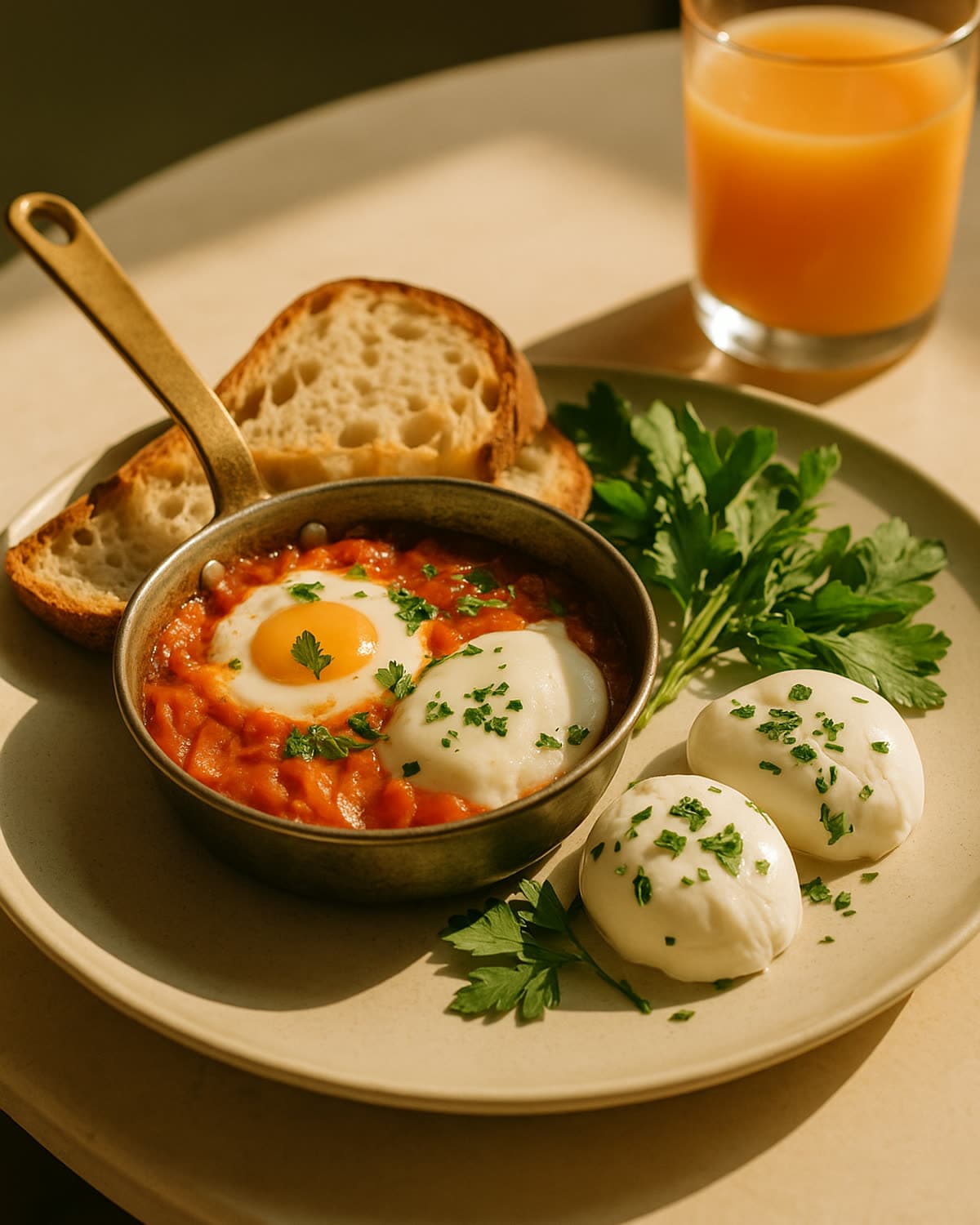 A sunlit brunch plate with shakshuka, fresh herbs, and warm bread