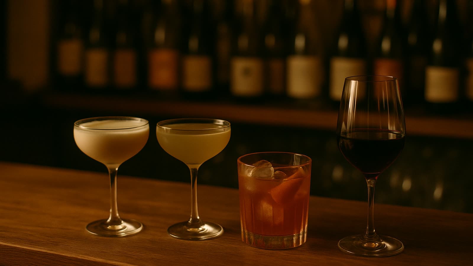 Cocktails and natural wine on the bar after dark, warm amber light